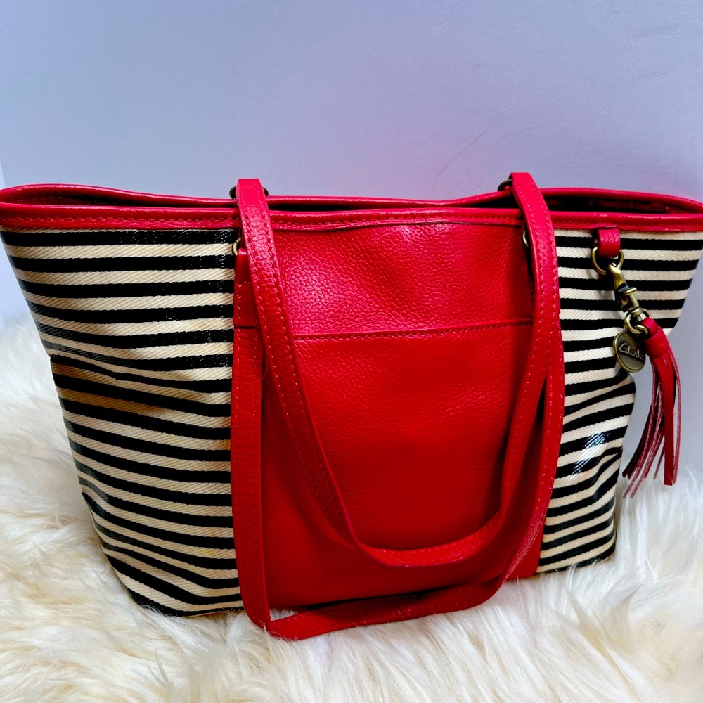 Clarks Black and White Stripe Shoulder Tote w/ Red Leather Trim Coated Canvas